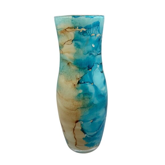 Handcrafted Glass Vase With Abstract Blue & Beige Watercolor Design 9.5x3" READ - Picture 1 of 4